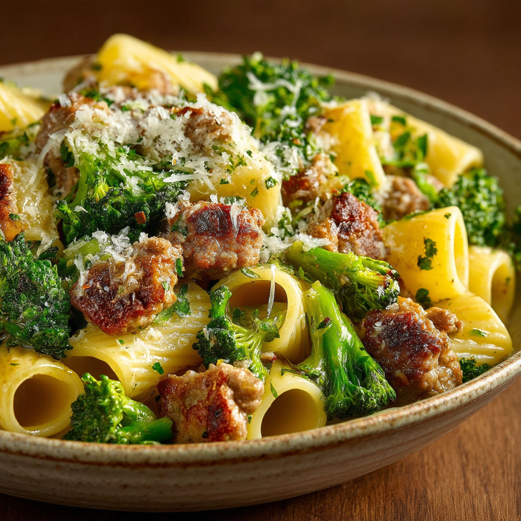 A bowl of pasta with meat and broccoli.