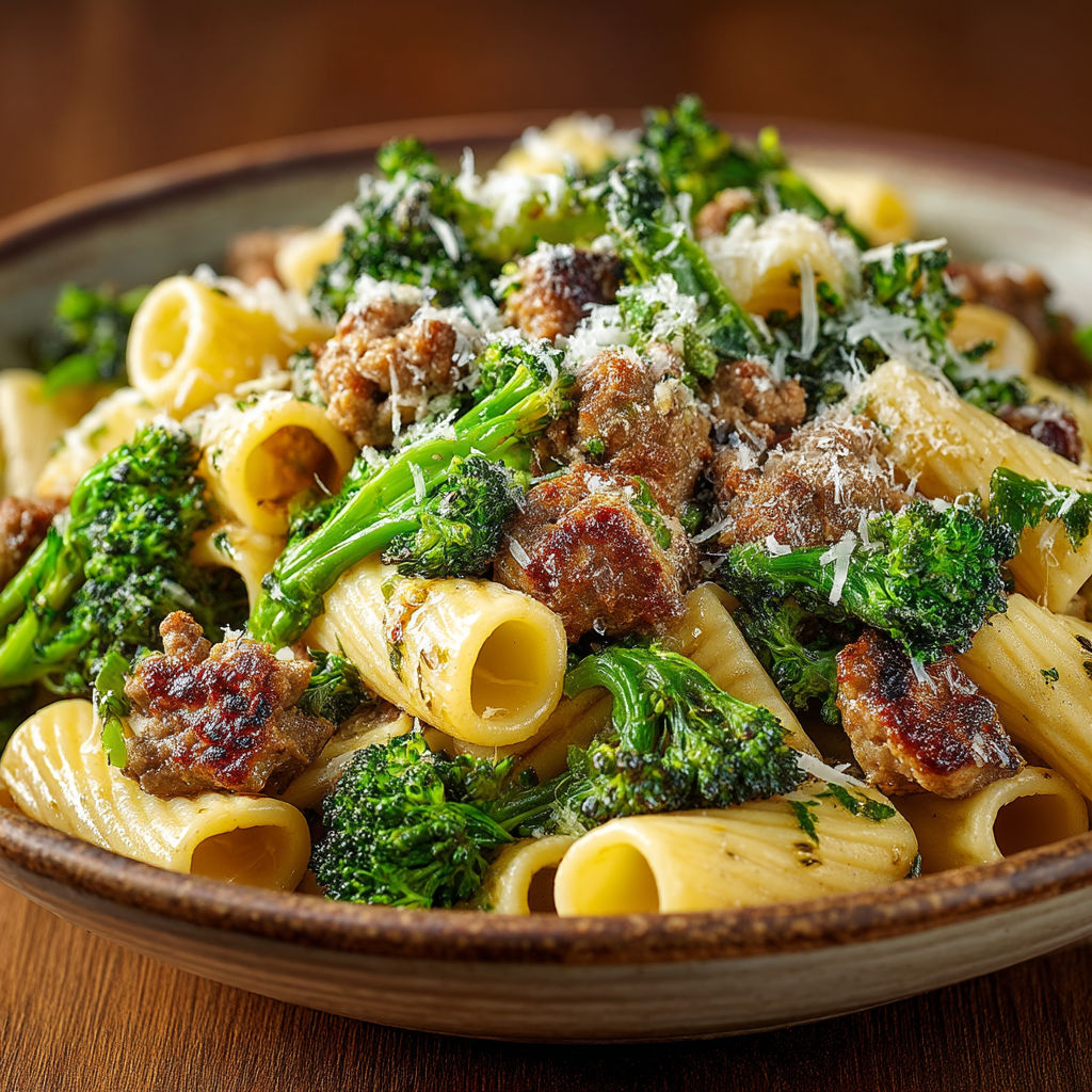 A bowl of pasta with broccoli and meat.