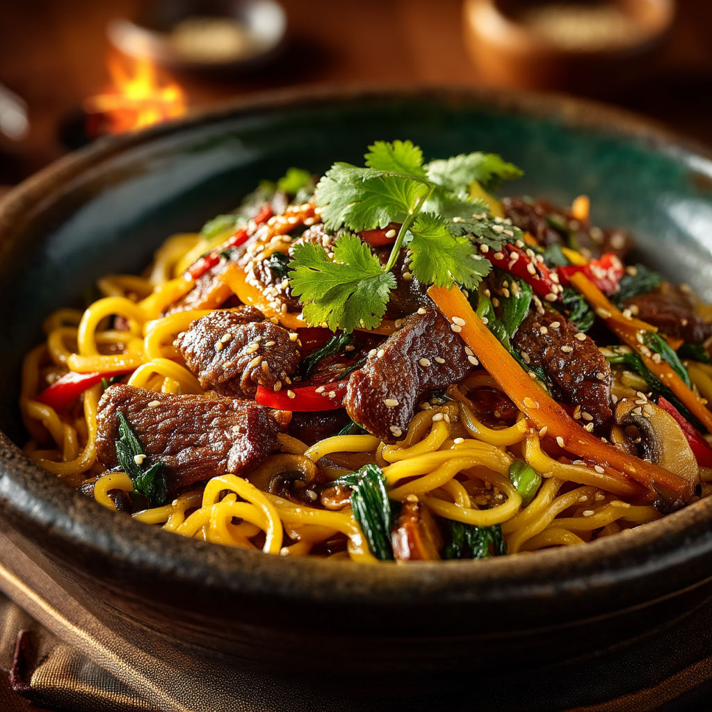 A bowl of noodles with meat and vegetables.