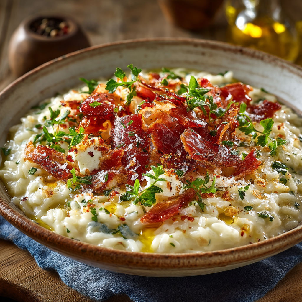 A bowl of food with bacon and cheese.