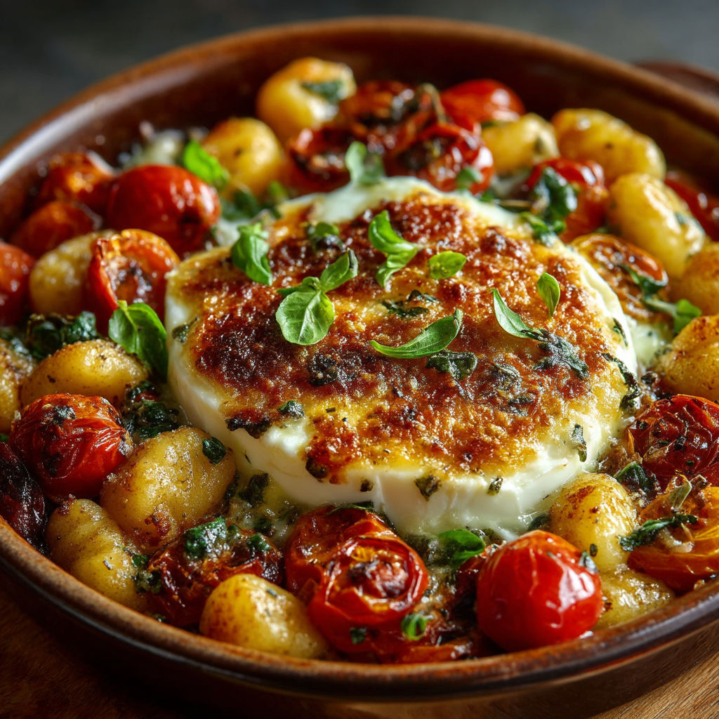 A bowl of food with tomatoes, gnocchi, and cheese.