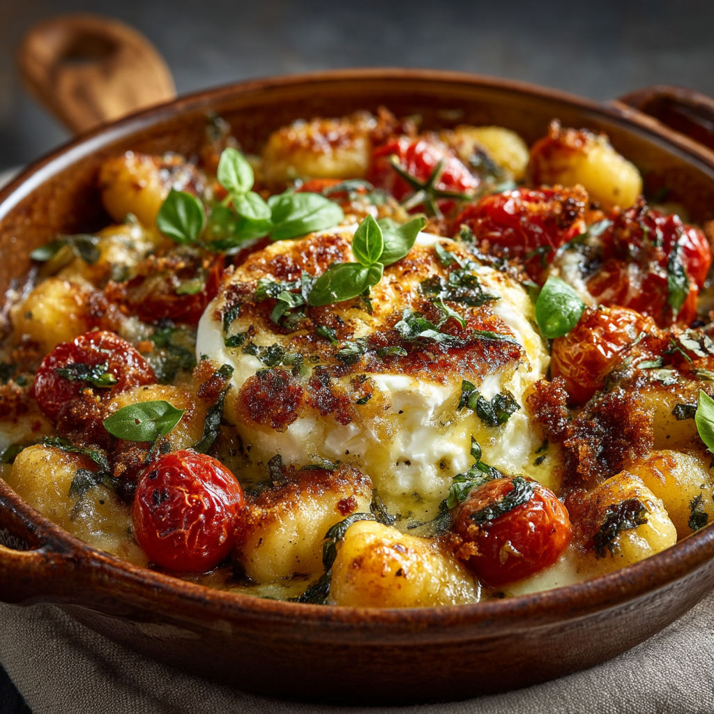A bowl of food with tomatoes, gnocchi, and crottin rôti.