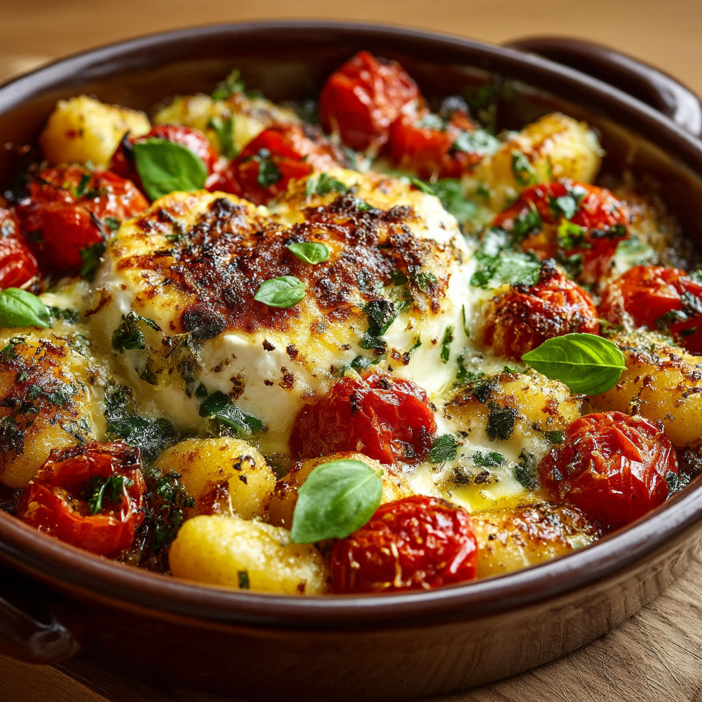 A dish of food with tomatoes, gnocchi, and cheese.