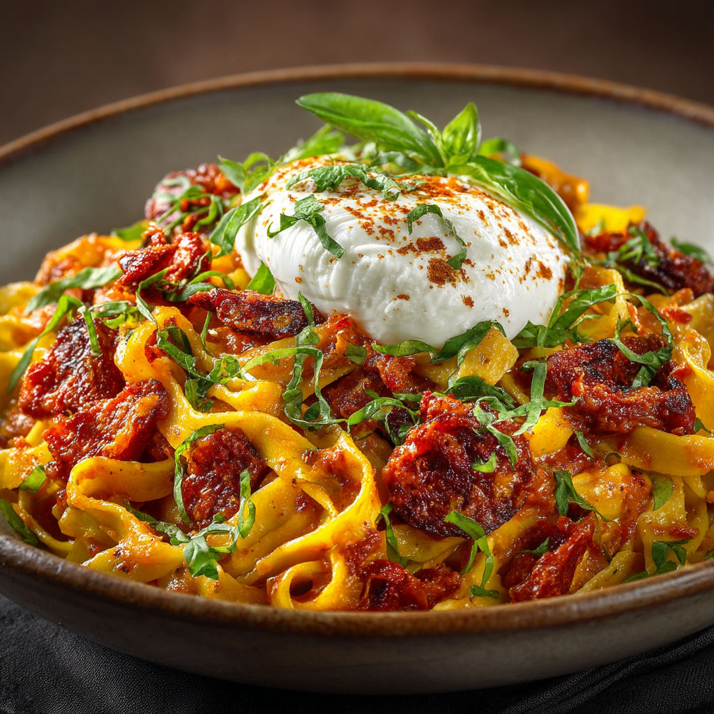 A bowl of pasta with chorizo and burrata.