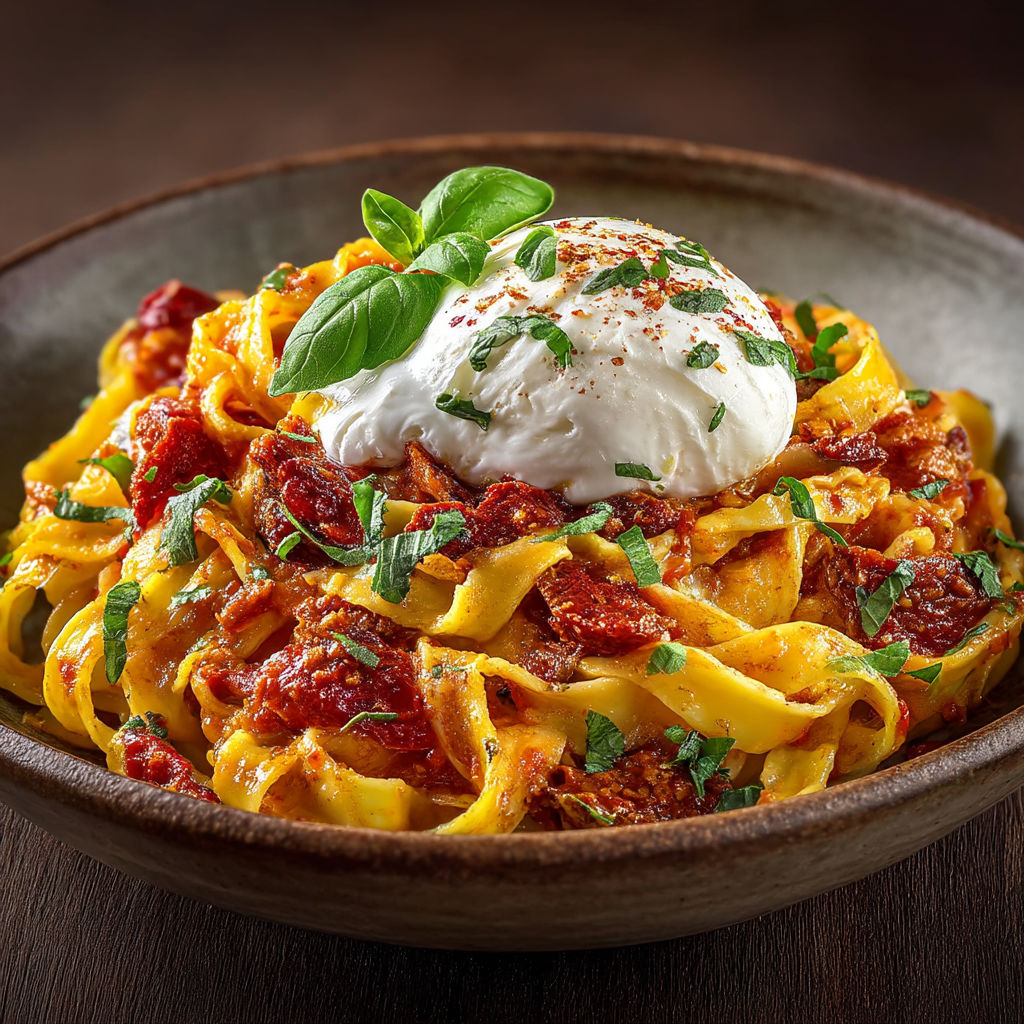 A bowl of pasta with burrata cheese on top.