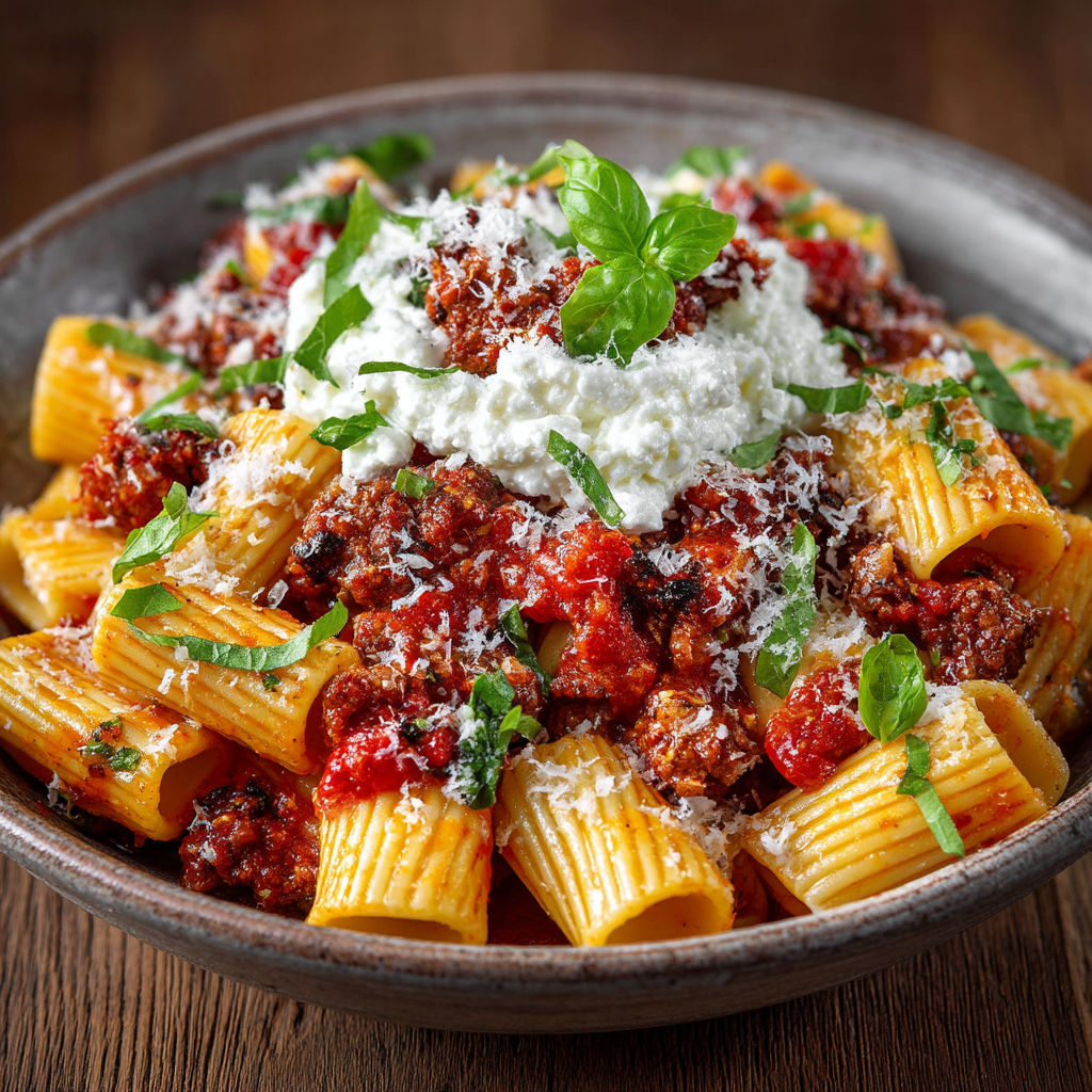 A bowl of pasta with chorizo and ricotta.