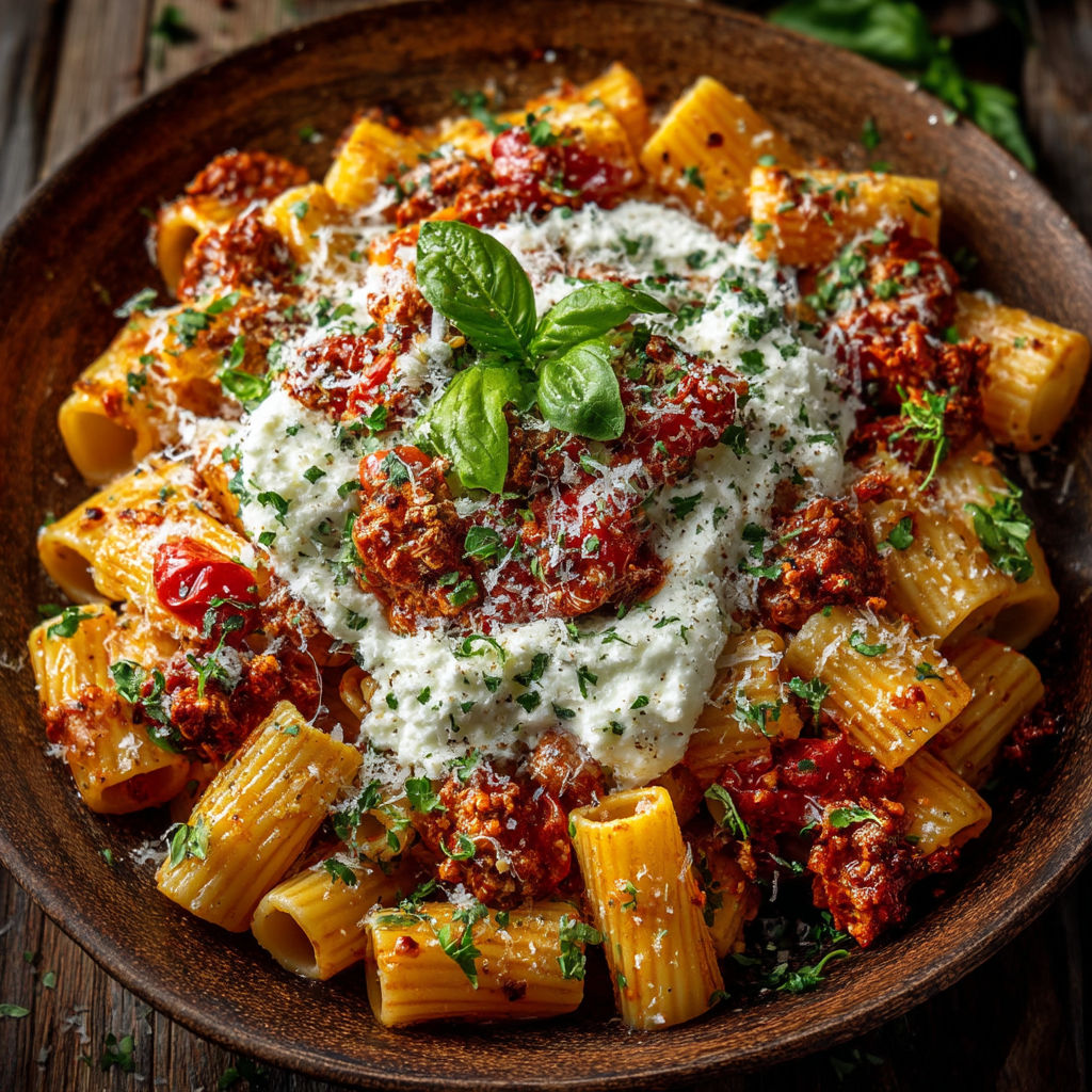 A bowl of pasta with sauce and cheese.