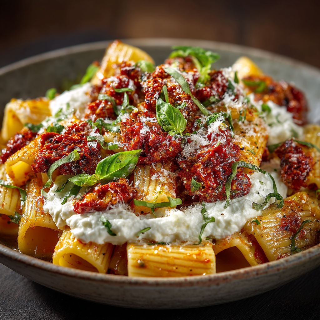 A bowl of pasta with white sauce and green toppings.