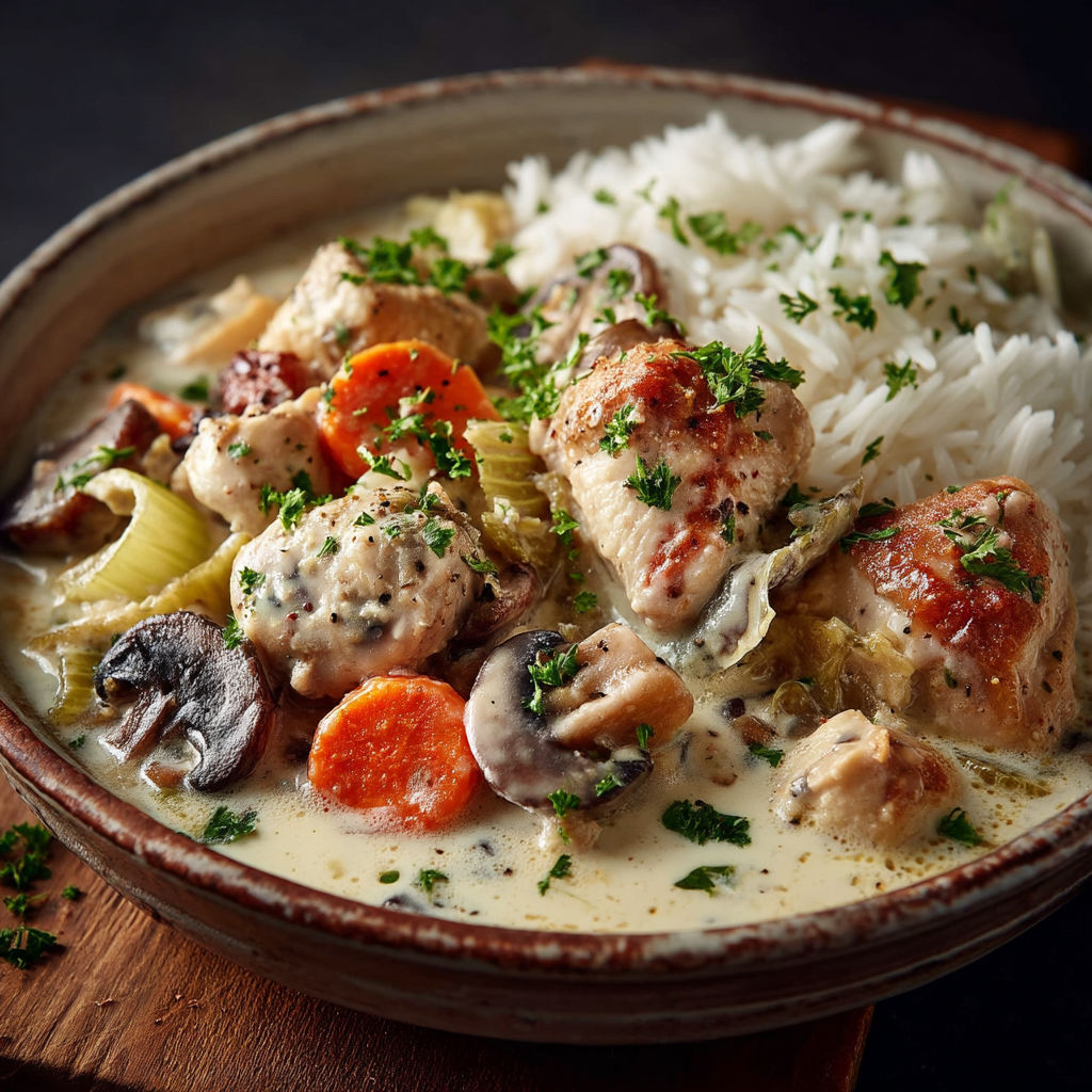 A bowl of food with rice and chicken.
