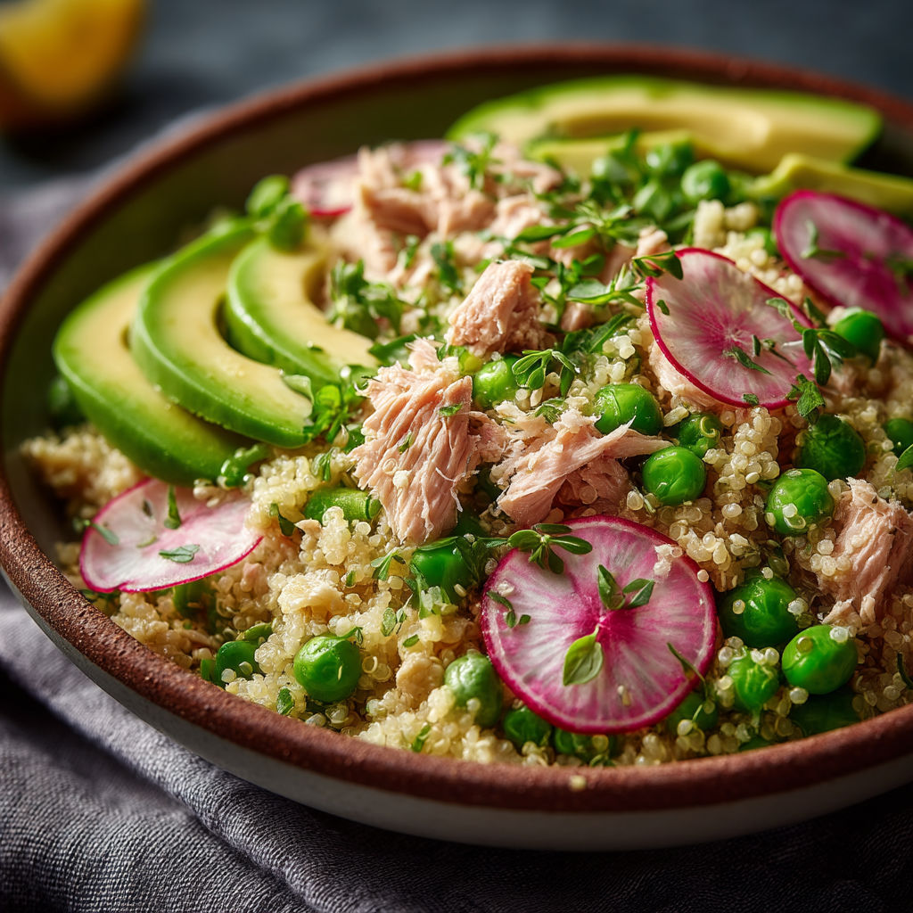 A bowl of food with chicken, avocado, and peas.