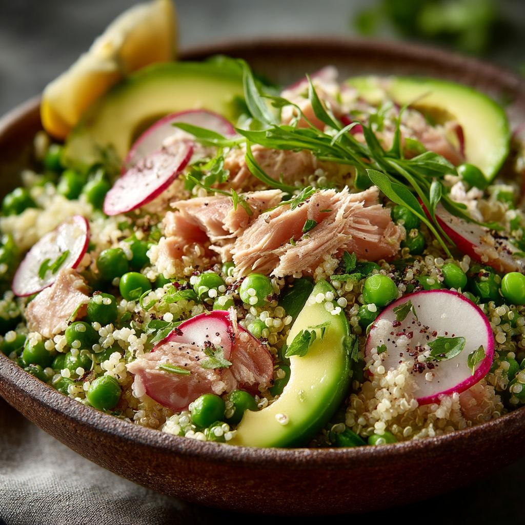 A bowl of food with peas, avocado, and meat.