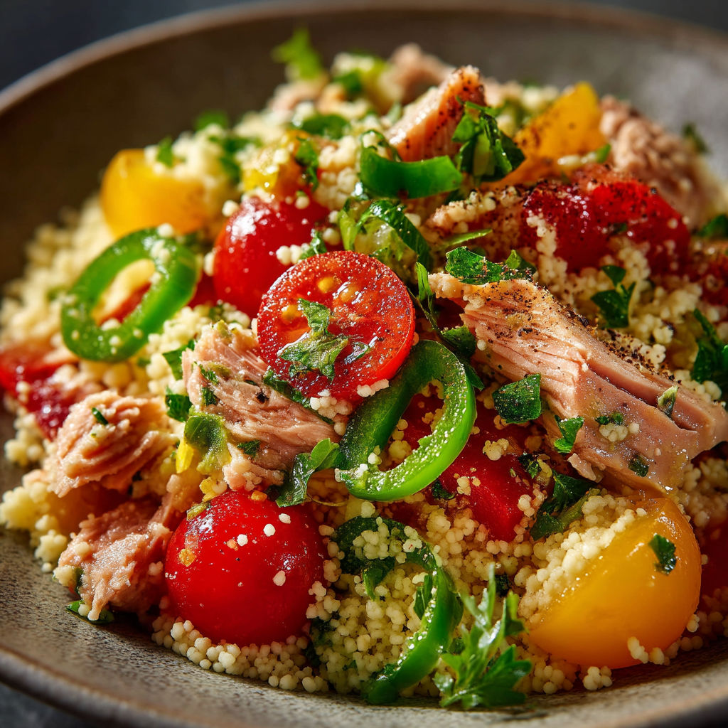 A bowl of salad with tomatoes, peppers, and meat.