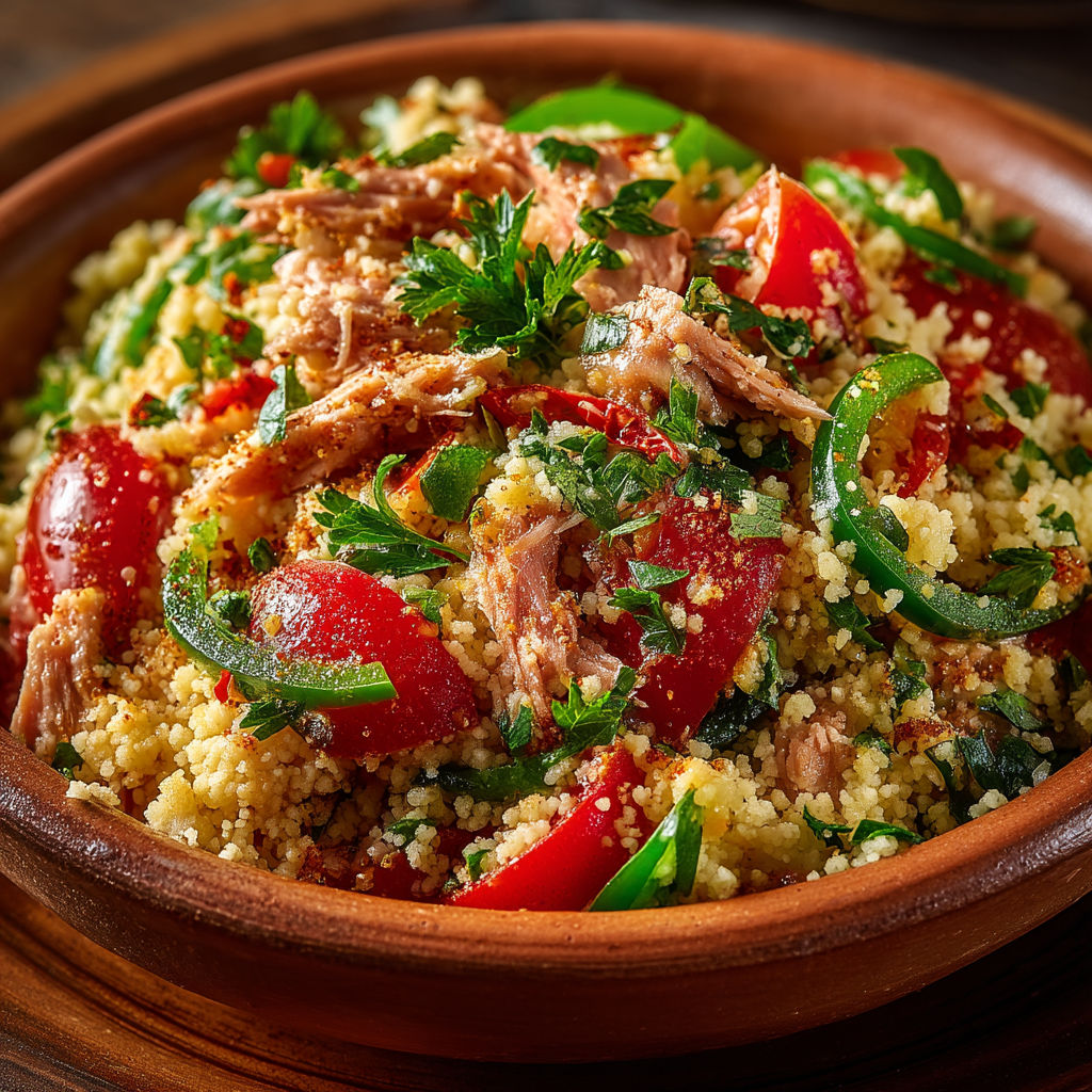 A bowl of food with tomatoes, meat, and herbs.
