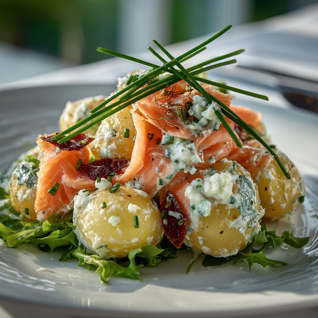 A plate of food with salmon and potatoes.