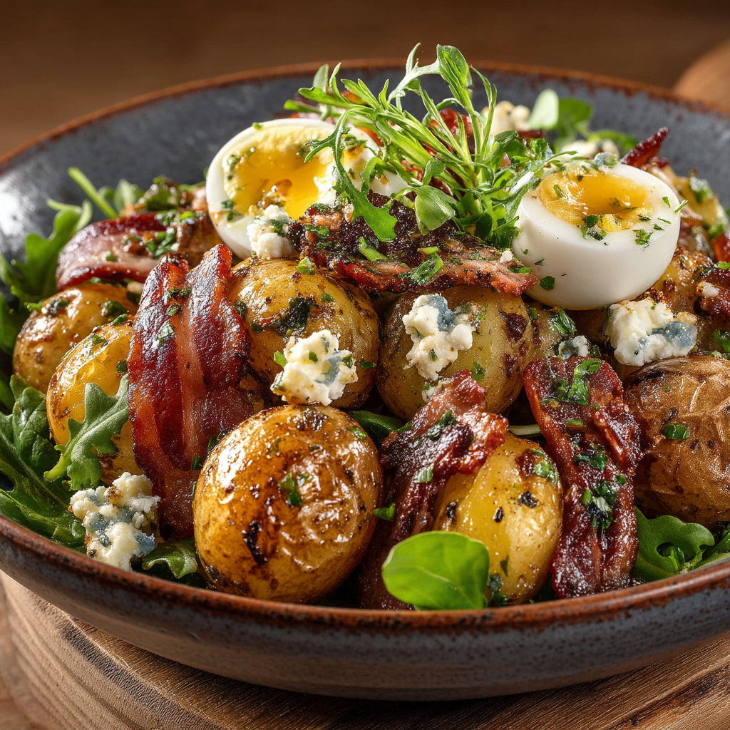 A bowl of salad with eggs, potatoes, and bacon.