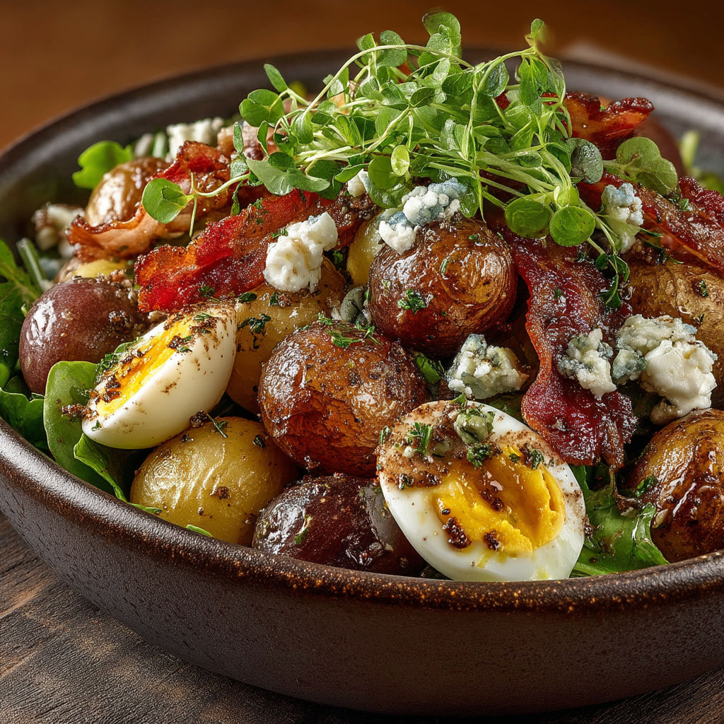 A bowl of food with eggs, potatoes, and bacon.