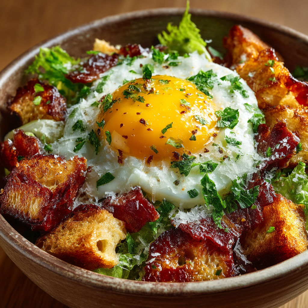 A bowl of food with a fried egg in the center.