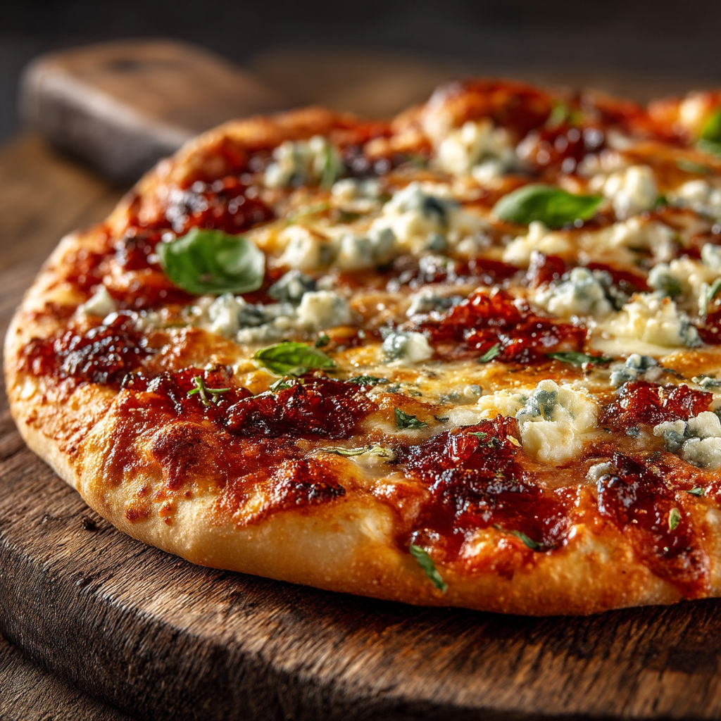 A pizza with cheese and tomato sauce.