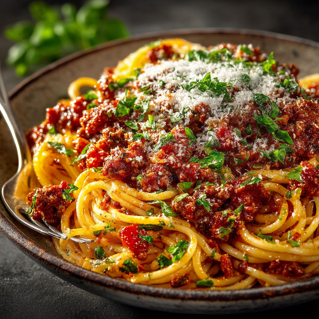 A bowl of spaghetti with meat sauce and cheese.