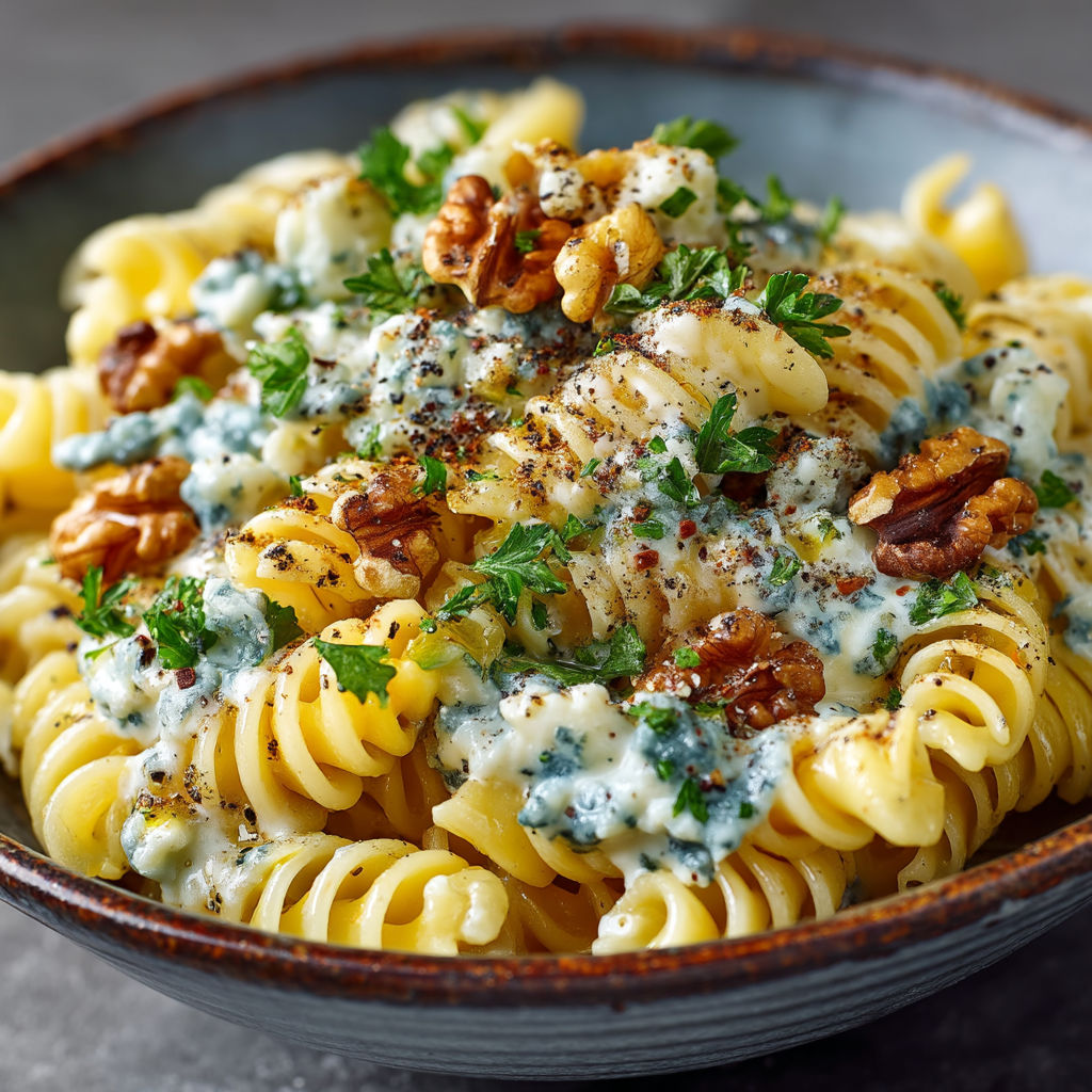 A bowl of pasta with cheese and walnuts.