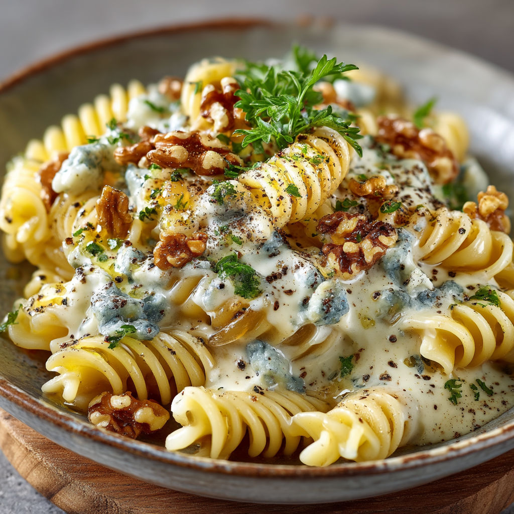 A bowl of pasta with cheese and nuts.