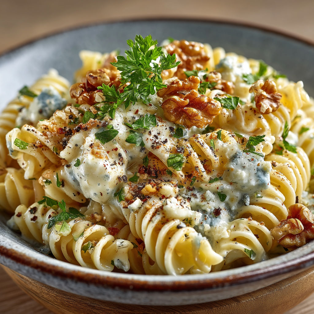 A bowl of pasta with a green herb on top.