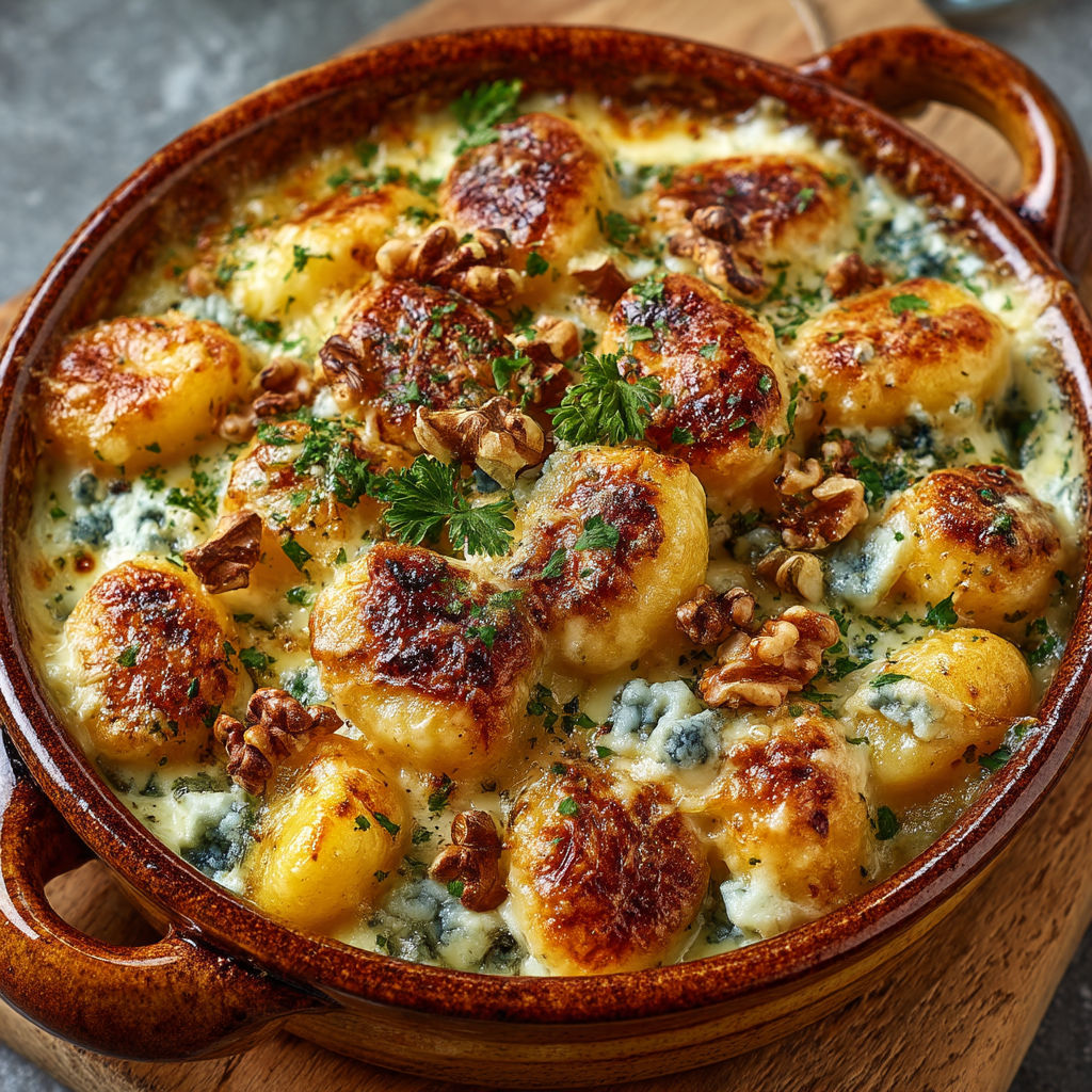 A bowl of gnocchi gratinés au gorgonzola.