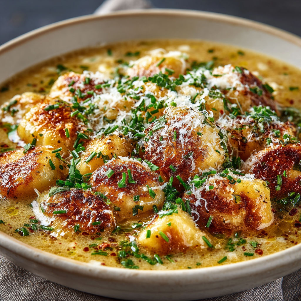 A bowl of gnocchi with cheese and herbs.