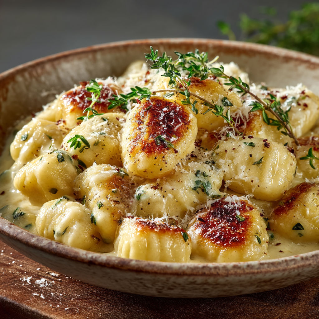 A bowl of gnocchi with cheese and thyme.