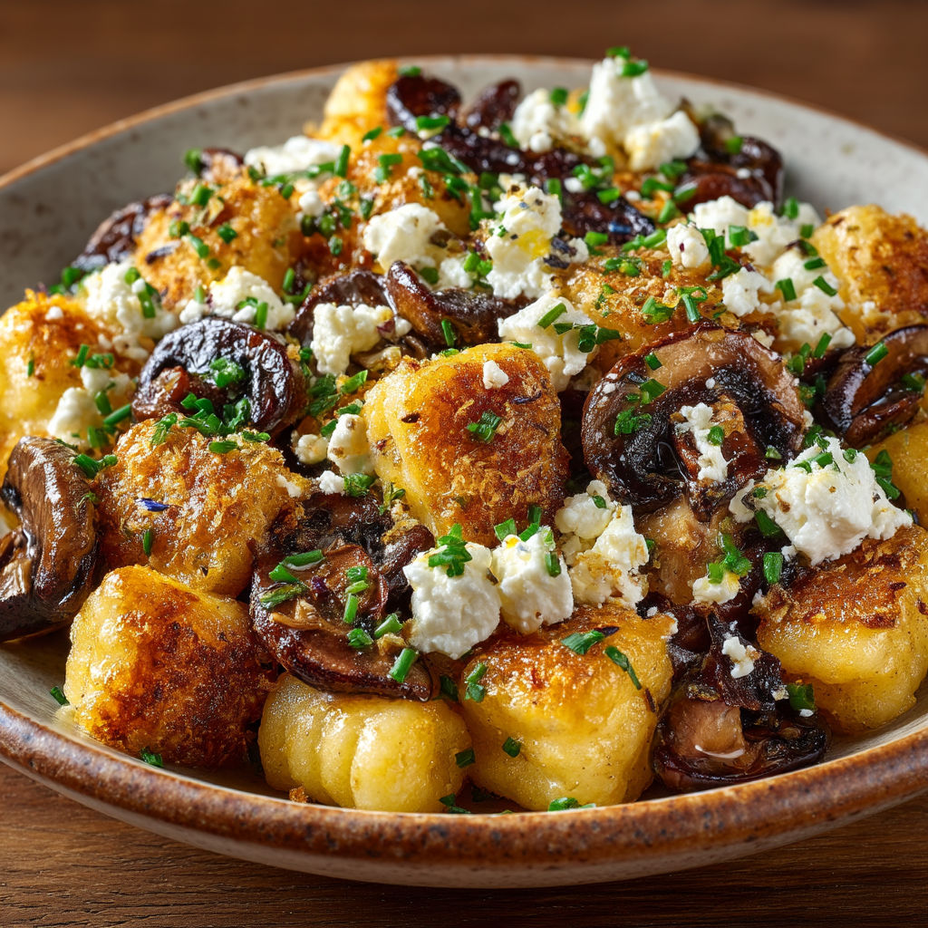 A bowl of food with feta cheese, mushrooms, and other ingredients.