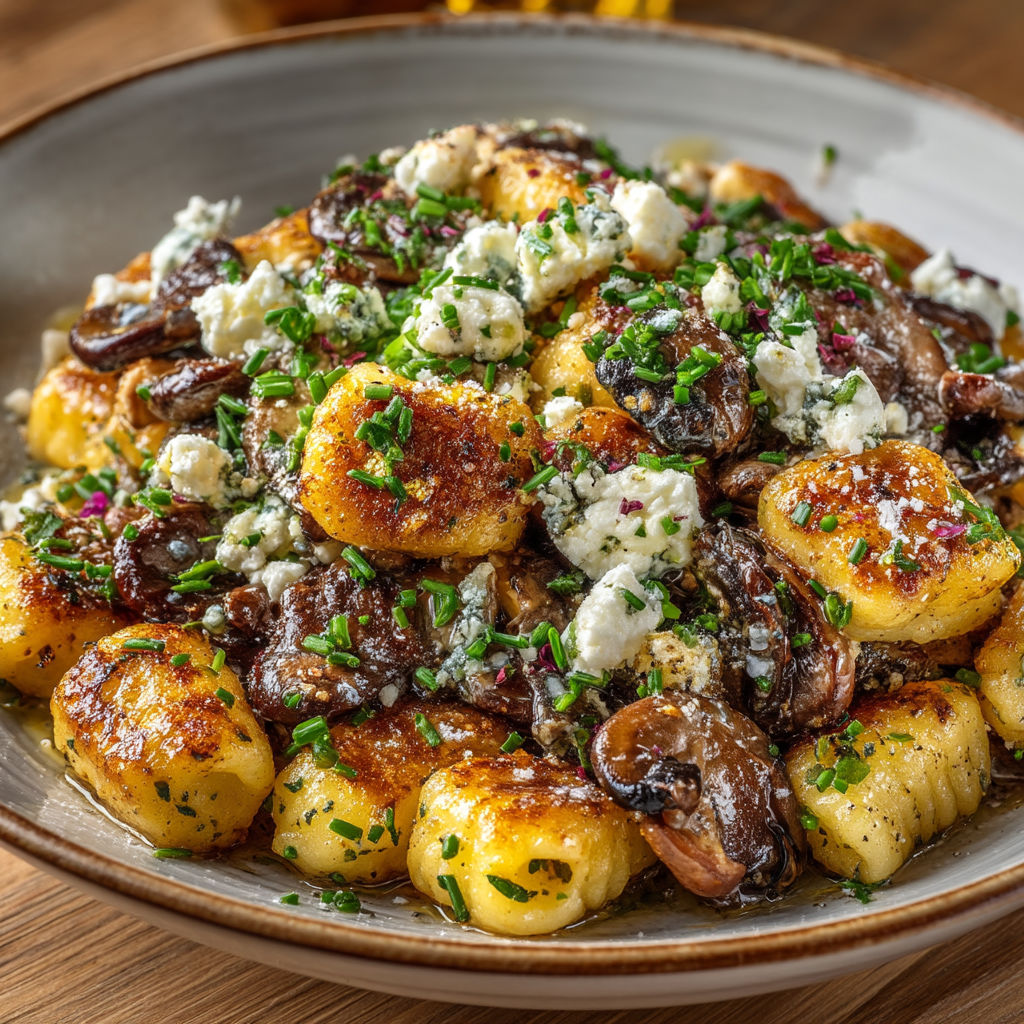 A plate of food with mushrooms and blue cheese.
