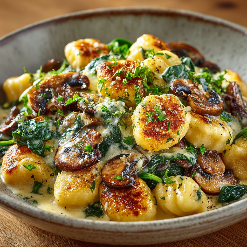 A bowl of pasta with mushrooms and spinach.