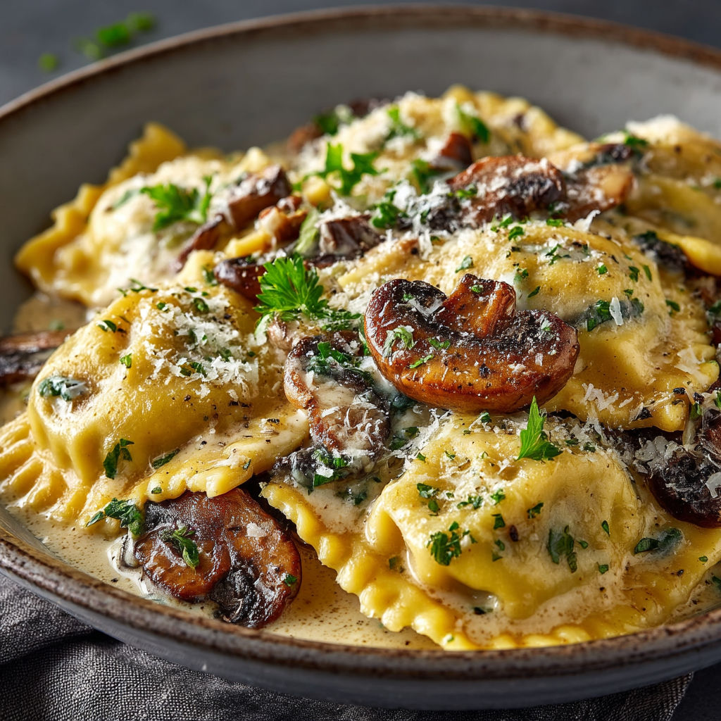 A bowl of pasta with mushrooms and cheese.
