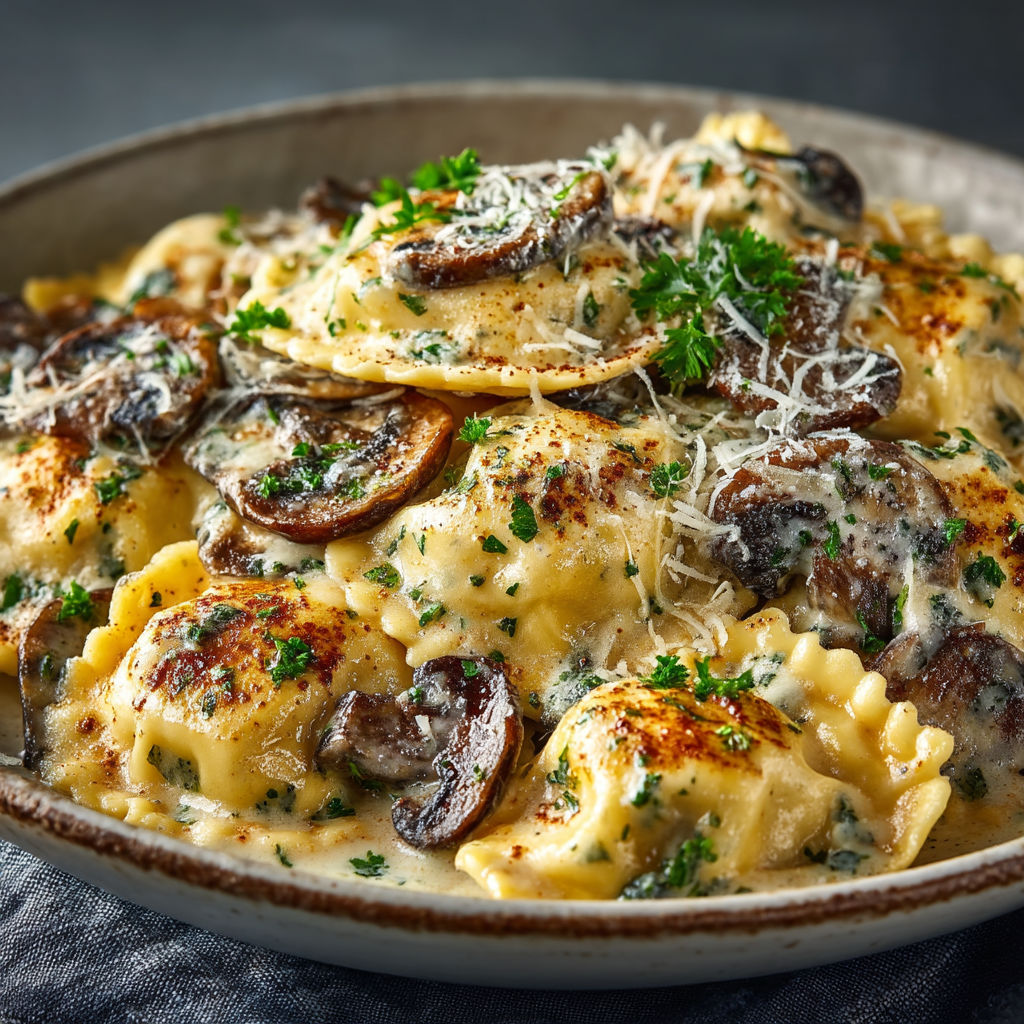 A plate of food with mushrooms and cheese.