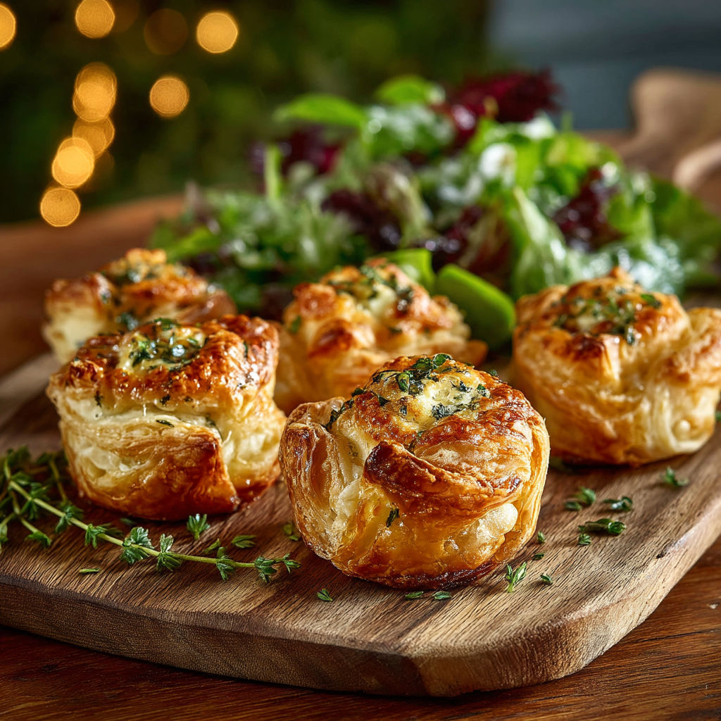 A wooden cutting board with four small quiches.