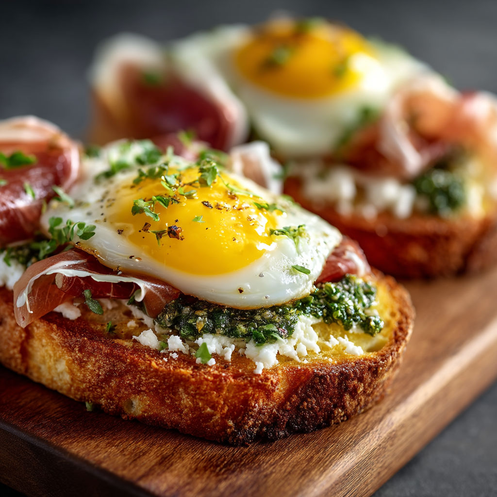 A plate of bruschetta with eggs and ham.