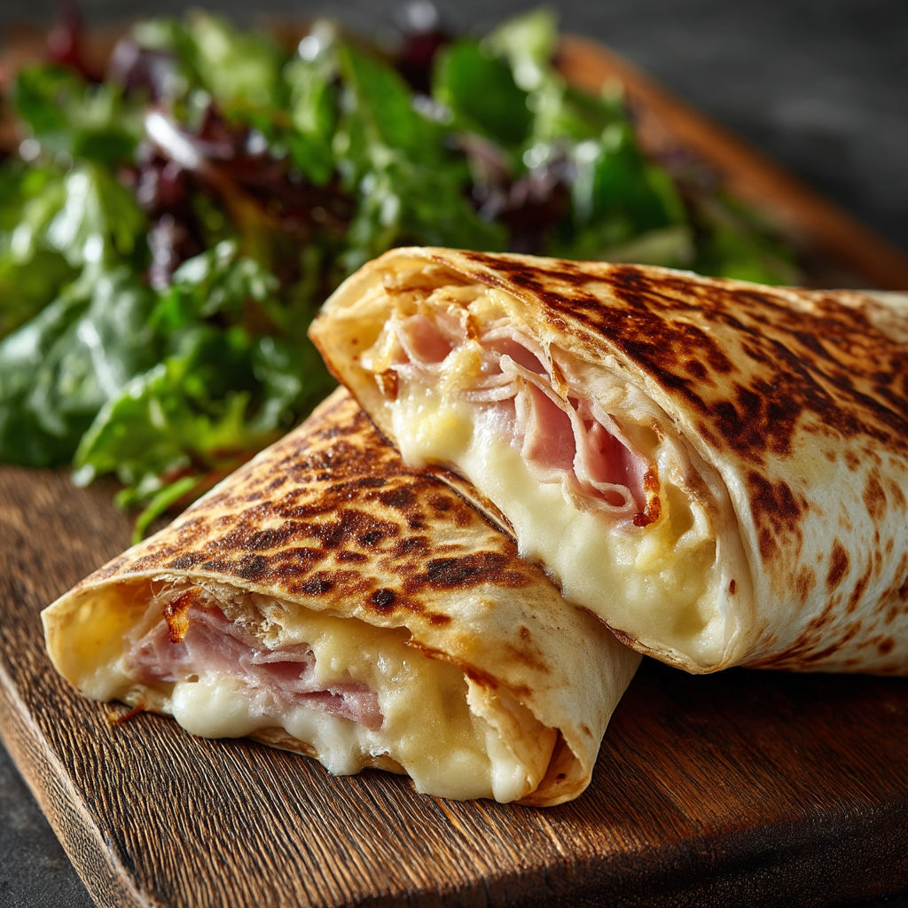 A wrap with ham and cheese on a wooden table.