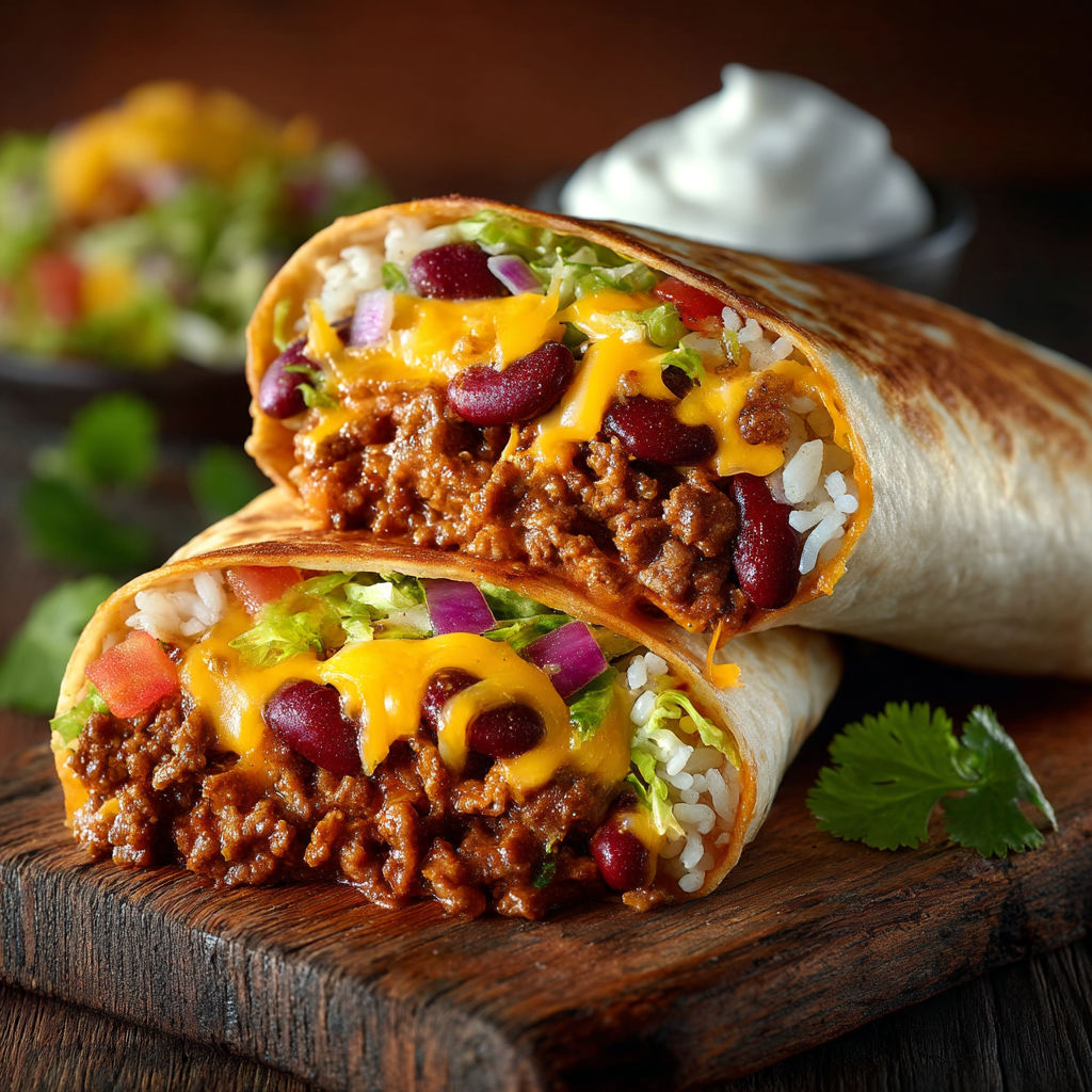 A burrito with beef and cheddar cheese.