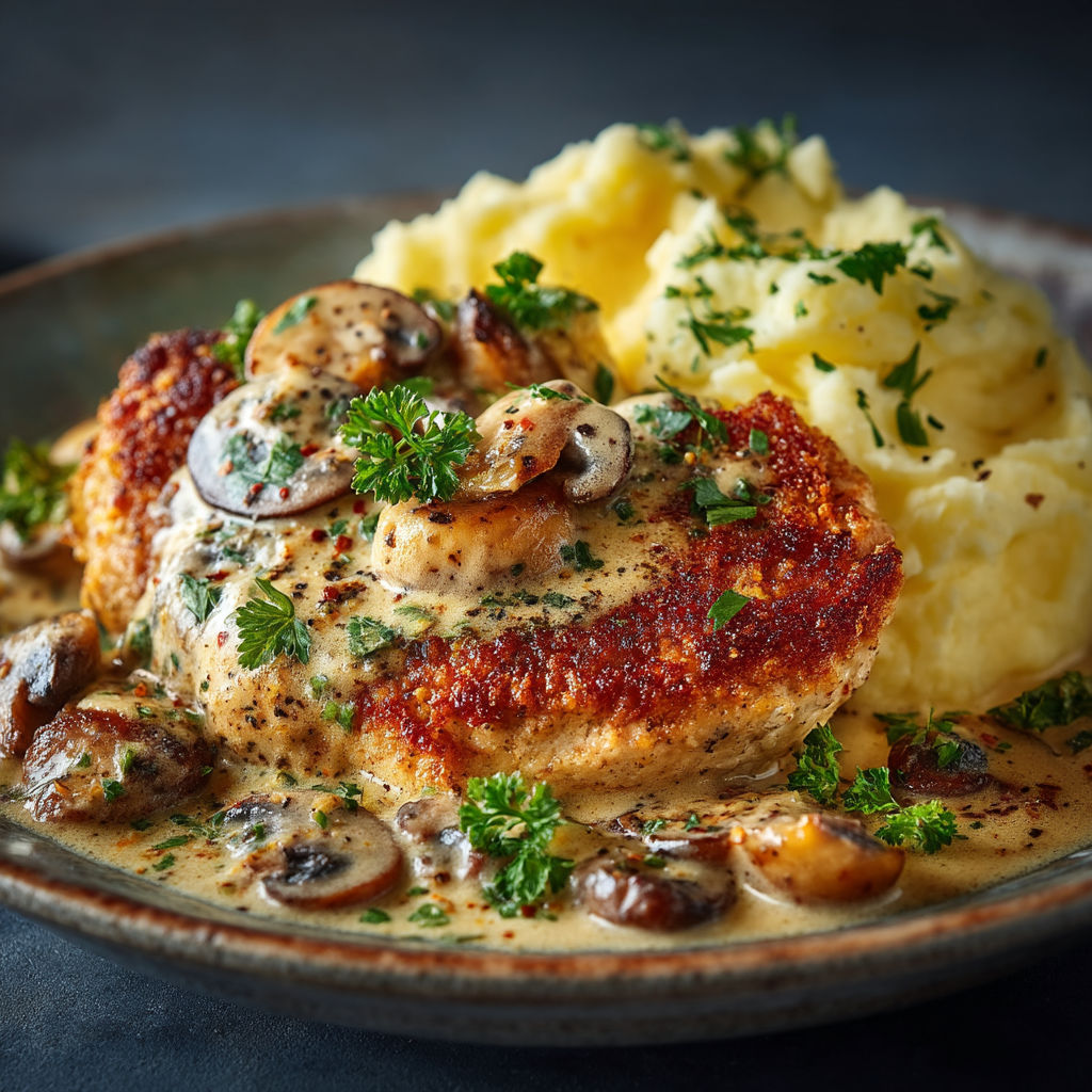 A plate of food with chicken and mushrooms.