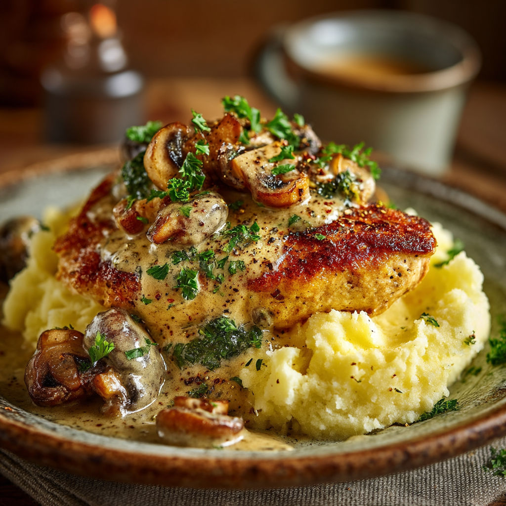 A plate of food with mushrooms and potatoes.