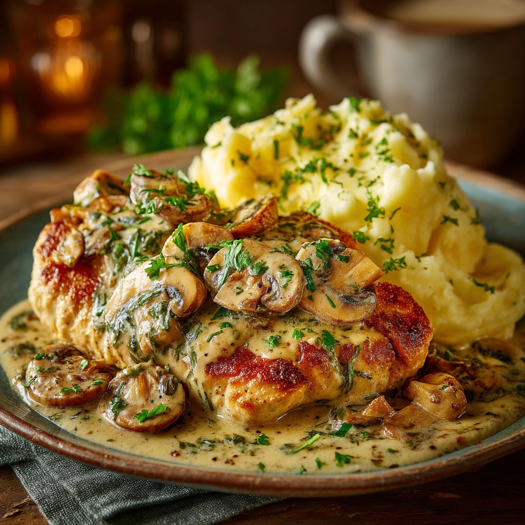 A plate of food with mushrooms and potatoes.