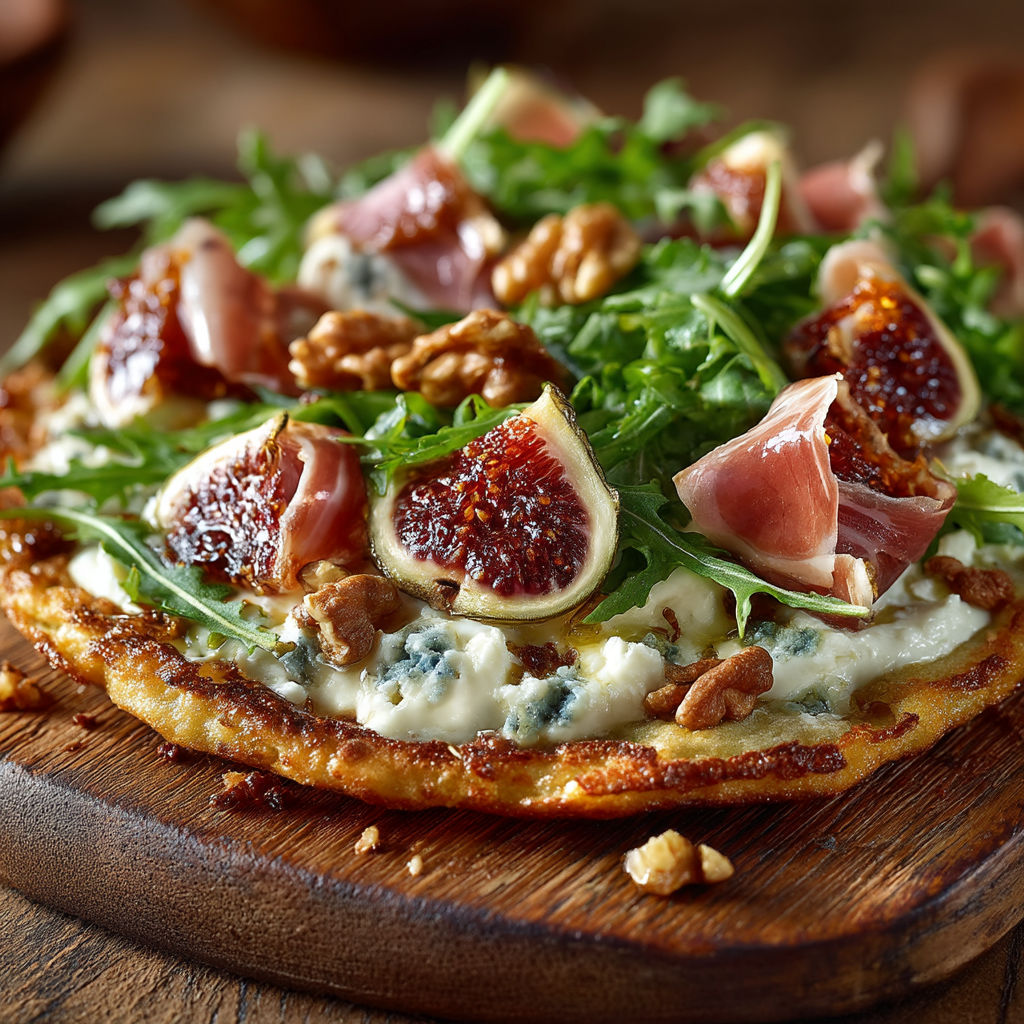 A pizza with figs and cheese on top.