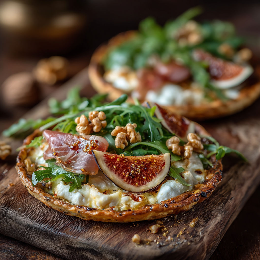 A close up of a pizza with figs and spinach.