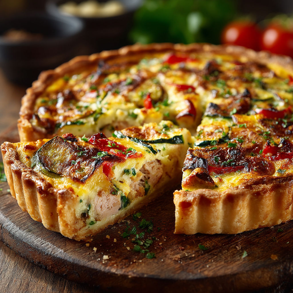A slice of quiche au thon and ratatouille.