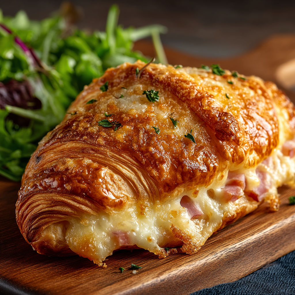 A croissant with ham and cheese on a wooden board.