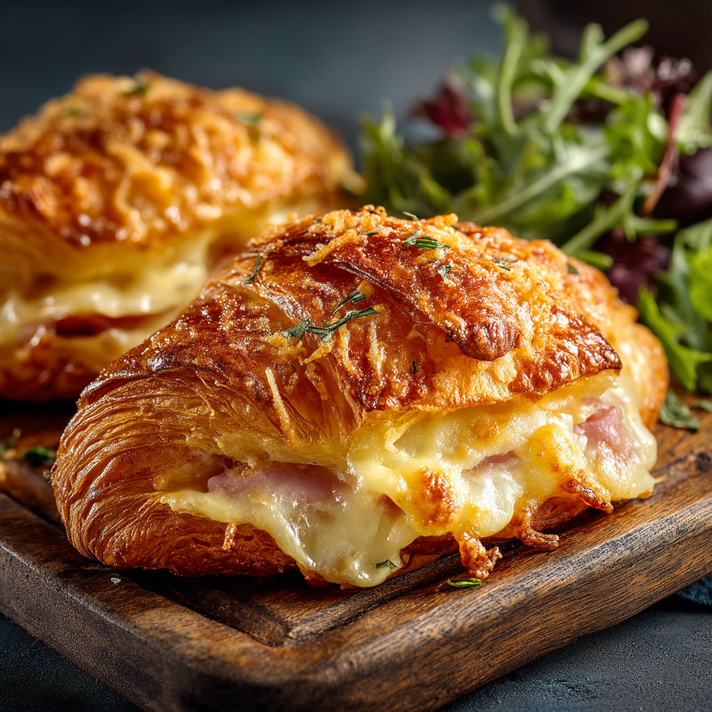 Two pieces of cheese and ham sandwiches on a wooden board.