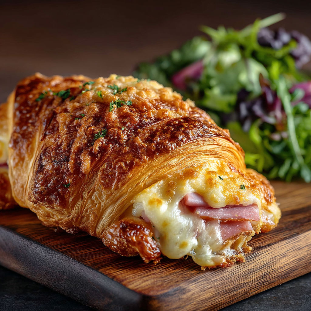 A croissant sandwich with cheese and ham on a wooden table.