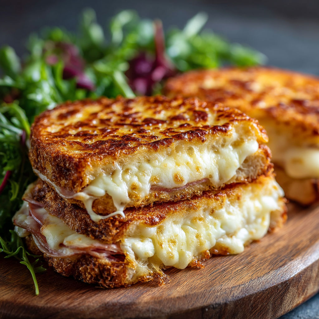 Two grilled cheese sandwiches on a wooden cutting board.