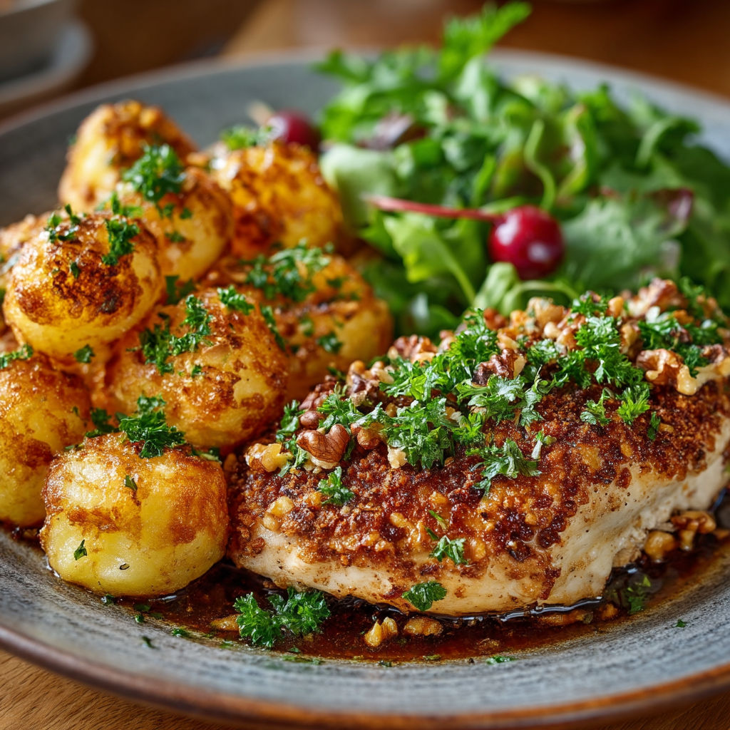 A plate of food with chicken, potatoes, and salad.