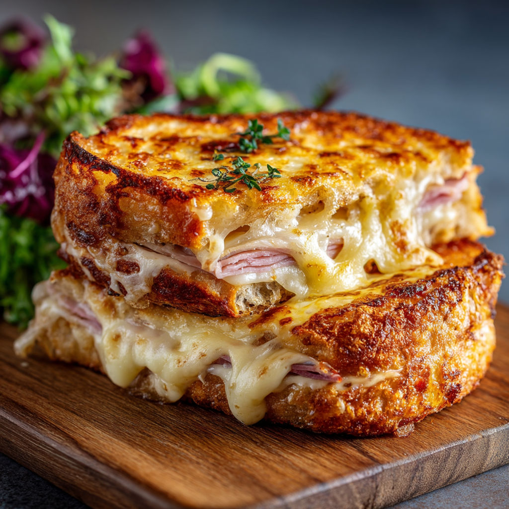A sandwich with cheese and herbs on top.